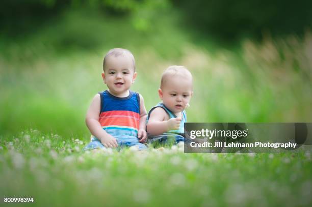 12 month fraternal twin boys play together - fraternal twin stock pictures, royalty-free photos & images