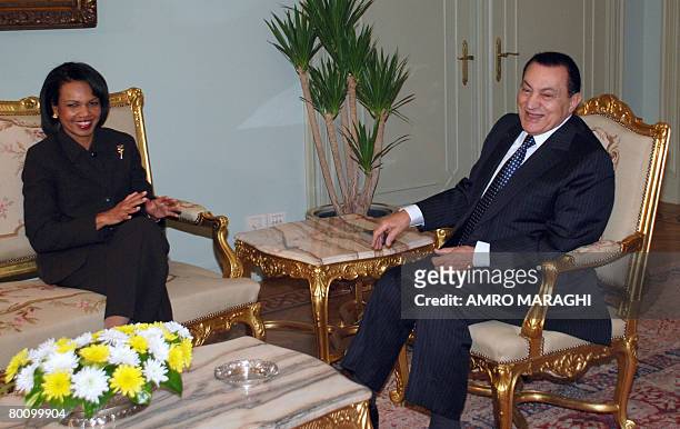 Secretary of State Condoleezza Rice meets with Egyptian President Hosni Mubarak in Cairo on March 4, 2008. Rice arrived in Egypt this morning at the...