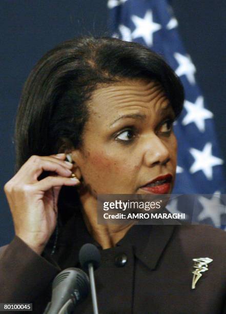 Secretary of State Condoleezza Rice listens to a question during a joint press conference with Egyptian Foreign Minister Ahmed Abul Gheit following...