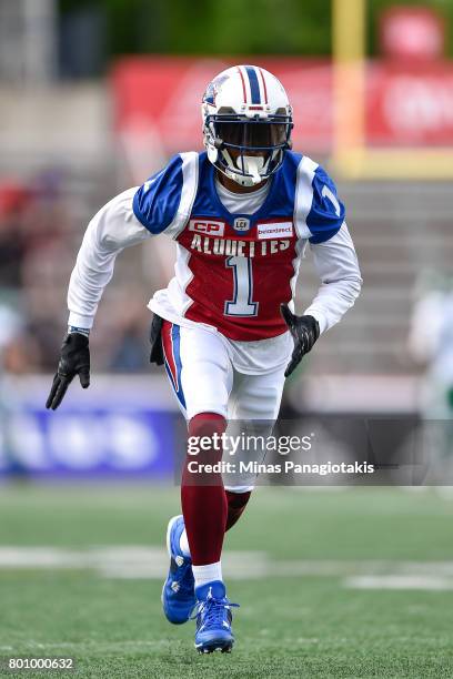Wide receiver Tiquan Underwood of the Montreal Alouettes runs during the warmup prior to the CFL game against the Saskatchewan Roughriders at...