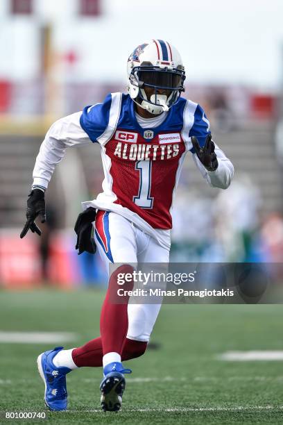 Wide receiver Tiquan Underwood of the Montreal Alouettes runs during the warmup prior to the CFL game against the Saskatchewan Roughriders at...