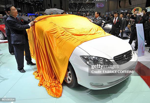 The new F3DM car model of the Chinese automobile manufacturer BYD auto is unveiled at the press day of the 78th Geneva International Motor Show, on...