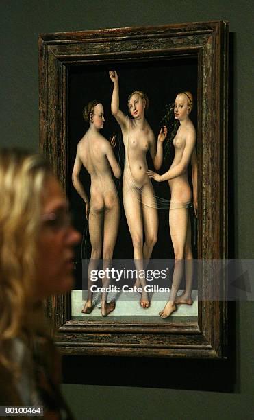 Lady views paintings of nudes including 'The Three Graces' on March 4, 2008 in London, England. The Royal Academy of Arts presents Britain's first...