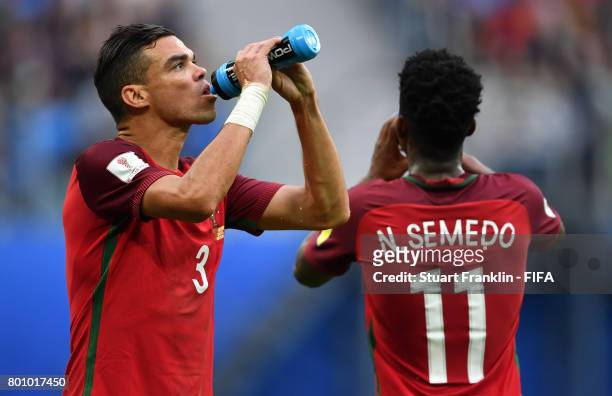 Pepe of Portugal takes a drink during the FIFA Confederation Cup Group A match between New Zealand and Portugal at Saint Petersburg Stadium on June...