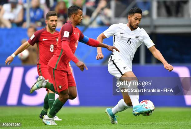 Nani of Portugal challenges Bill Tuiloma of New Zealand during the FIFA Confederation Cup Group A match between New Zealand and Portugal at Saint...