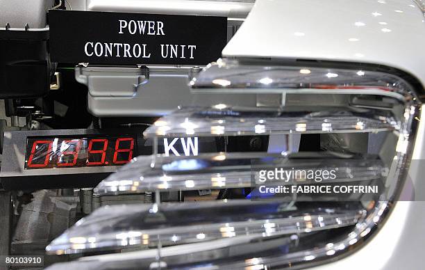 The mockup of a motor powered by electricity is seen at the booth of the Chinese automobile manufacturer BYD during the press day at the 78th Geneva...