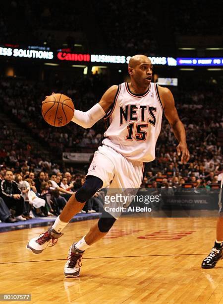 Vince Carter of the New Jersey Nets drives to the basket against the San Antonio Spurs during their game on March 2, 2008 at the Izod Arena in East...