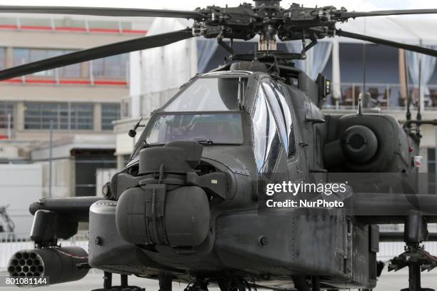 Apache Longbow helicopter on the tarmac on the last day of the International Paris Air Show at Le Bourget Airport, near Paris, on June 25, 2017. This...