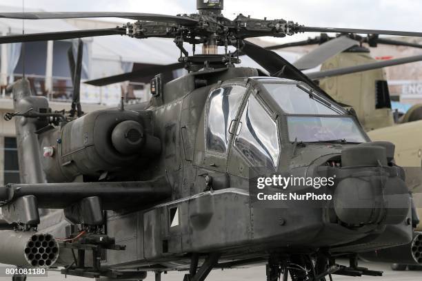 Apache Longbow helicopter on the tarmac on the last day of the International Paris Air Show at Le Bourget Airport, near Paris, on June 25, 2017. This...