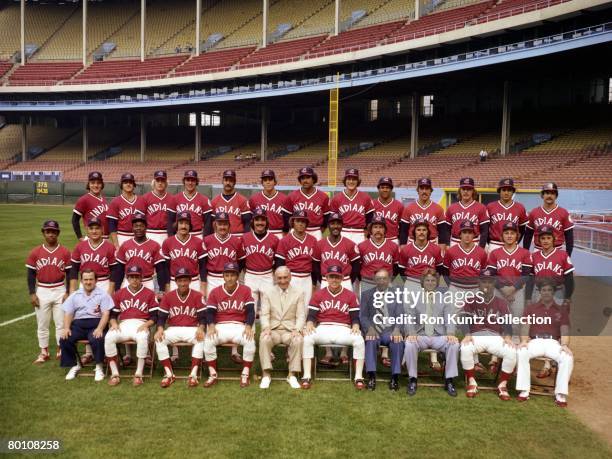 Members of the Cleveland Indians pose for a team portrait prior to a game in 1977 at Municipal Stadium in Cleveland, Ohio. Those pictured include...