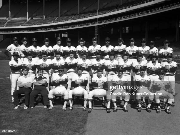 Members of the Cleveland Indians pose for a team portrait prior to a game in 1979 at Municipal Stadium in Cleveland, Ohio. Those pictured include...
