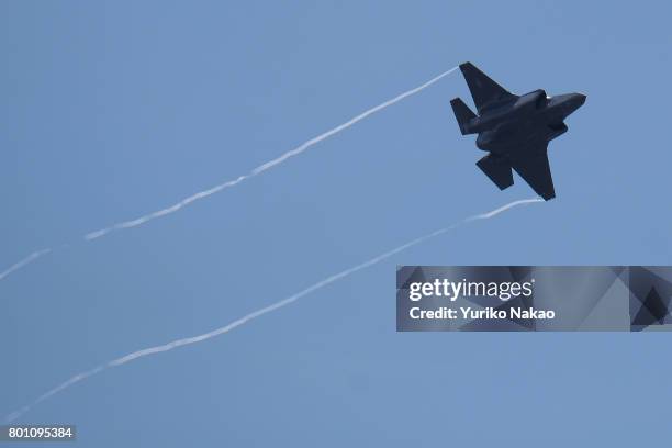 Lockheed Martin F-35A Lightning II performs an aerial display over the Le Bourget Airport on the first public day of the 52nd International Paris Air...