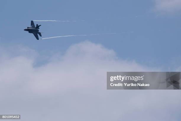 Lockheed Martin F-35A Lightning II performs an aerial display over the Le Bourget Airport on the first public day of the 52nd International Paris Air...