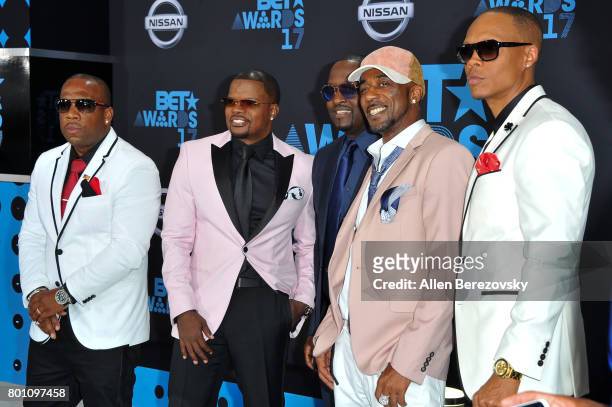 Michael Bivins, Ricky Bell, Johnny Gill, Ralph Tresvant, and Ronnie DeVoe of New Edition arrive at the 2017 BET Awards at Microsoft Theater on June...