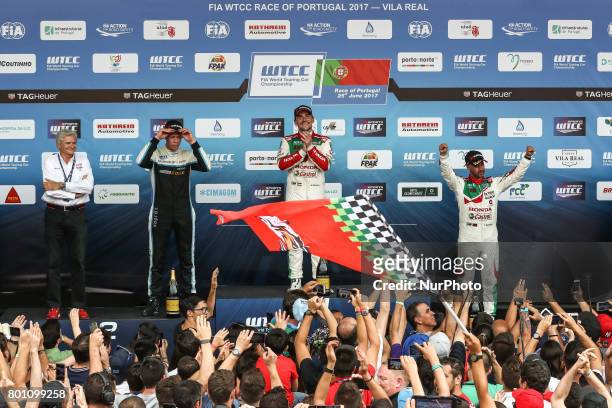 First place, THED BJORK second place and TIAGO MONTEIRO third place during Podium ceremony of the Race 2 of FIA WTCC 2017 World Touring Car...