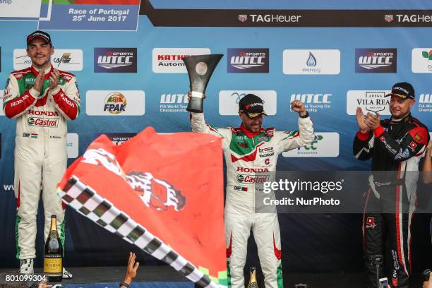 First place, TIAGO MONTEIRO third place and ROB HUFF during Podium ceremony of the Race 2 of FIA WTCC 2017 World Touring Car Championship Race of...