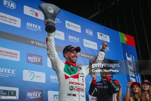 Celebrating third place during Podium ceremony of the Race 2 of FIA WTCC 2017 World Touring Car Championship Race of Portugal, Vila Real, June 25,...