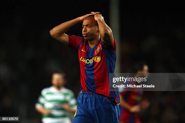 Thierry Henry of Barcelona reacts during the UEFA Champions League 2nd leg of the First knockout round match between FC Barcelona and Celtic at the...