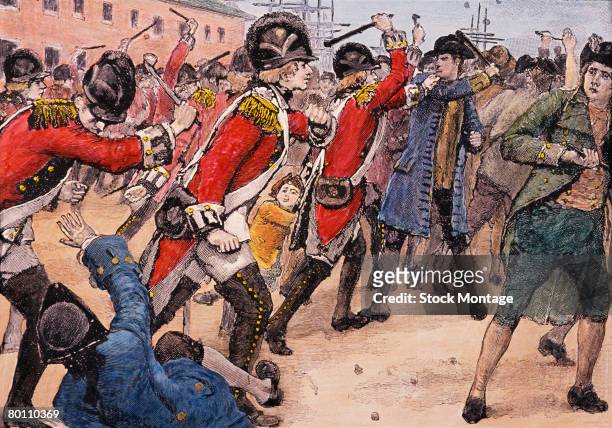 Illustration depicts British soldiers as they clash with an angry crowd during the Boston Massacre, Boston, Massachusetts, March 5, 1770.