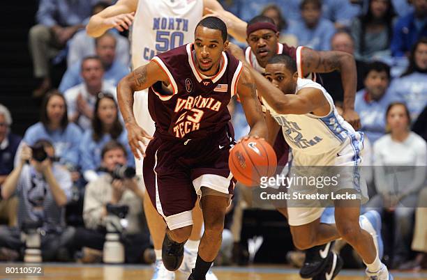 Malcolm Delaney of the Virginia Tech Hokies drives downcourt during the game against the North Carolina Tar Heels at the Dean E. Smith Center on...