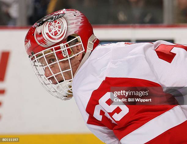 Dominik Hasek of the Detroit Red Wings guards the net against the Buffalo Sabres on March 2, 2008 at HSBC Arena in Buffalo, New York.