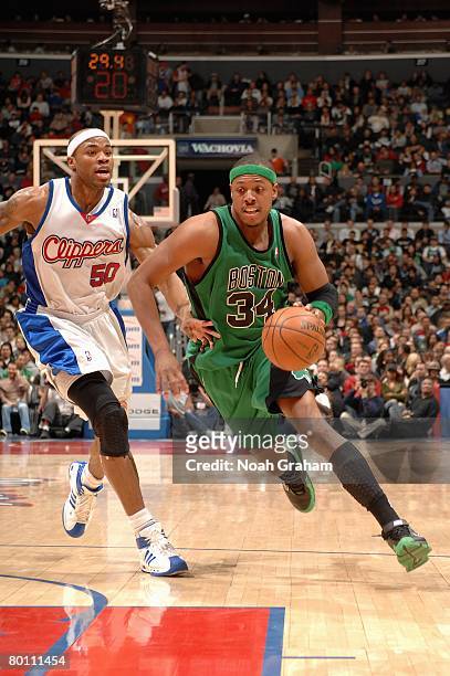 Paul Pierce of the Boston Celtics drives to the basket followed by Corey Maggette of the Los Angeles Clippers during the game on February 25, 2007 at...