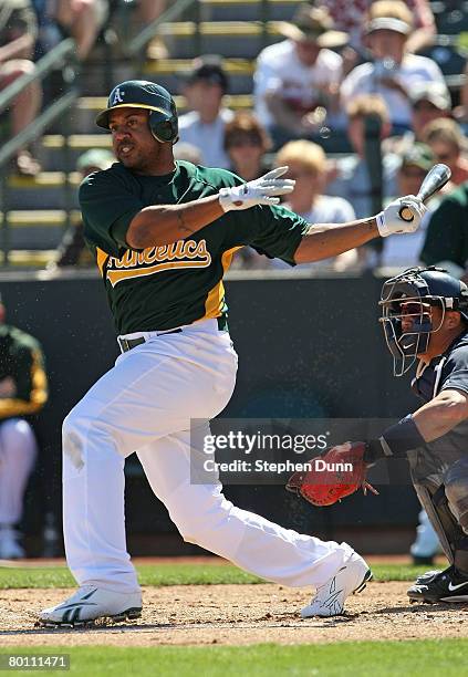 Emil Brown of the Oakland A's bats against the Seattle Mariners on March 4, 2008 at Phoenix Muncipal Stadium in Phoenix, Arizona. The A's won 9-6.