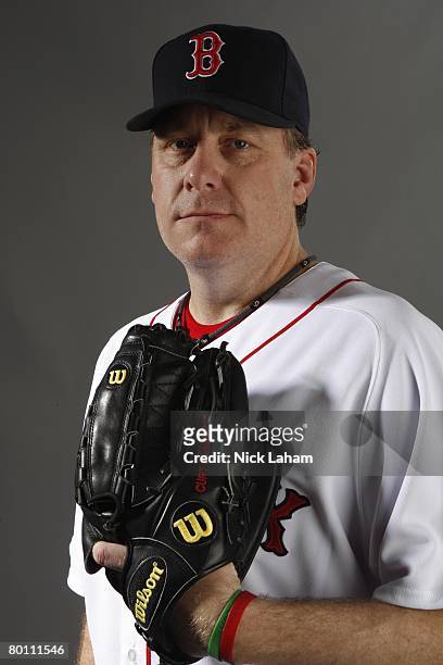 Curt Schilling of the Boston Red Sox poses during photo day at the Red Sox spring training complex on February 24, 2008 in Fort Myers, Florida.