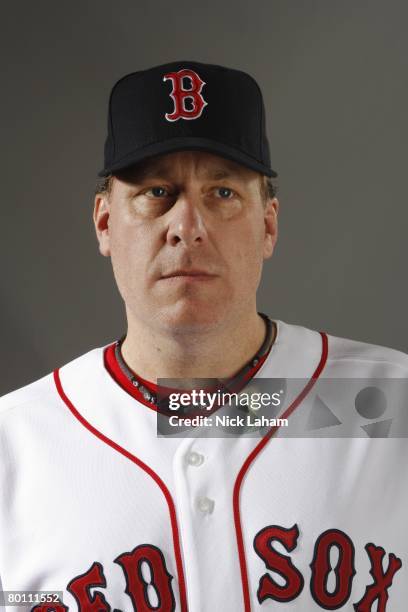 Curt Schilling of the Boston Red Sox poses during photo day at the Red Sox spring training complex on February 24, 2008 in Fort Myers, Florida.