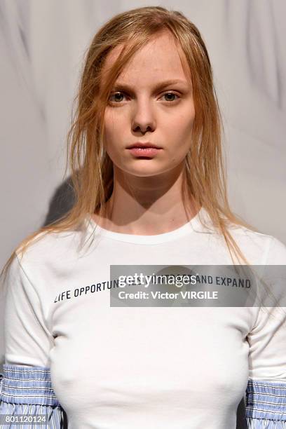 Model walks the runway during the Juun J Menswear Spring/Summer 2018 show as part of Paris Fashion Week on June 23, 2017 in Paris, France.