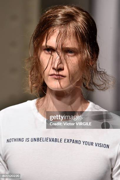 Model walks the runway during the Juun J Menswear Spring/Summer 2018 show as part of Paris Fashion Week on June 23, 2017 in Paris, France.