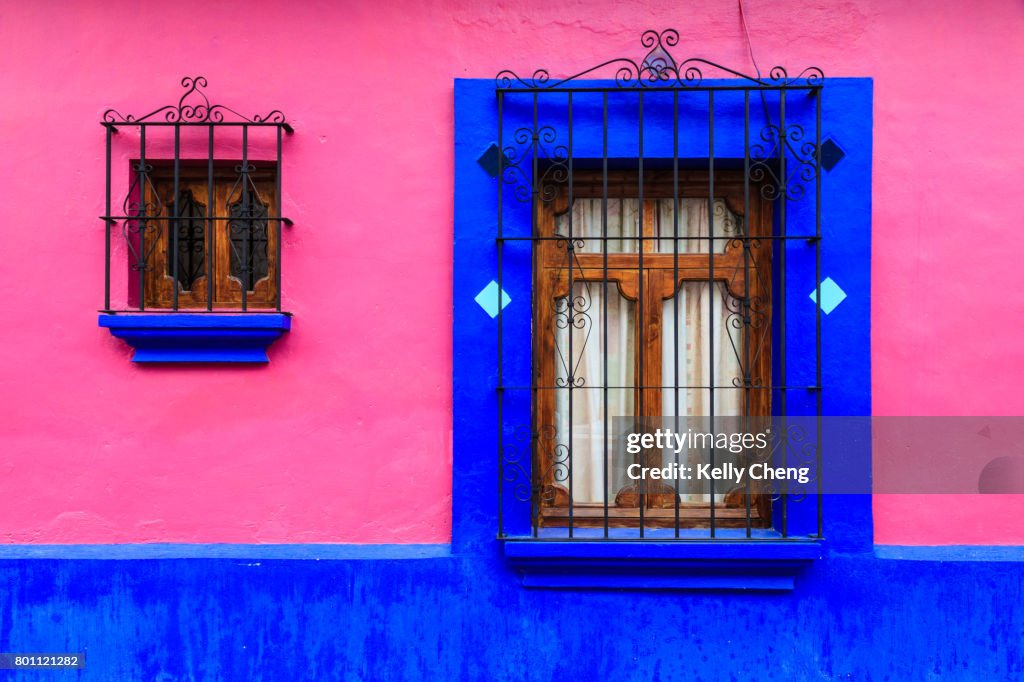 Pink and blue wall with window