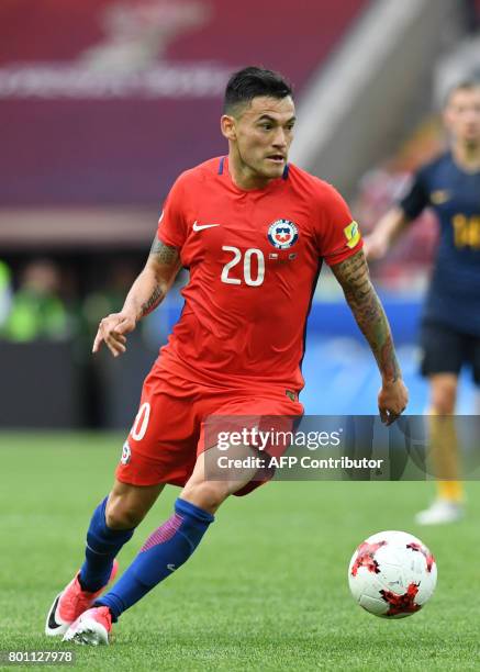 Chile's midfielder Charles Aranguiz plays the ball during the 2017 Confederations Cup group B football match between Chile and Australia at the...