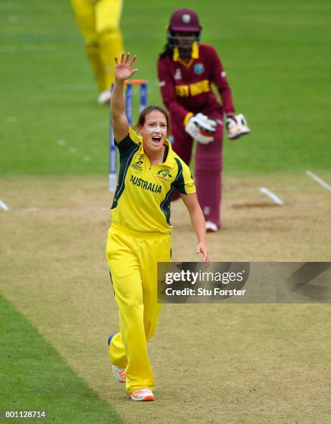 Australia bowler Megan Schutt appeals in vain for the wicket of Felicia Walters during the ICC Women's World Cup 2017 match between Australia and...