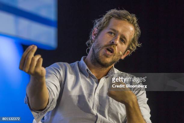 Robert Gentz, co-founder of Zalando SE, gestures as he speaks during a panel session at the 61st Global Summit of the Consumer Goods Forum in Berlin,...