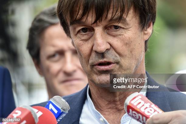 French Minister of Ecological and Inclusive Transition Nicolas Hulot answers to journalists' questions during a visit on June 26, 2017 in the new...