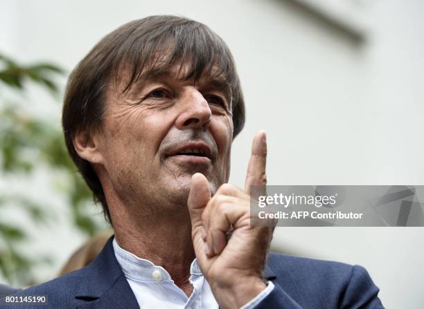 French Minister of Ecological and Inclusive Transition Nicolas Hulot answers to journalists' questions during a visit on June 26, 2017 in the new...