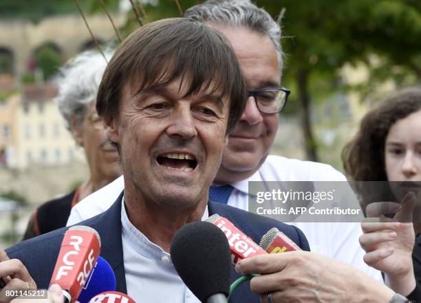 French Minister of Ecological and Inclusive Transition Nicolas Hulot answers to journalists' questions during a visit on June 26, 2017 in the new...