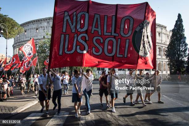 Thousands of members of Italian far-right movement CasaPound from all over Italy march with flags and shout slogans during a demonstration to protest...