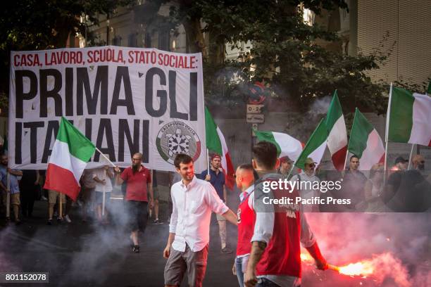 Thousands of members of Italian far-right movement CasaPound from all over Italy march with flags and shout slogans during a demonstration to protest...