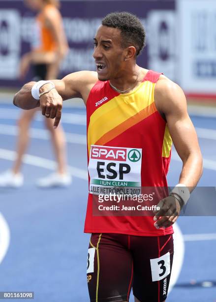 Orlando Ortega of Spain celebrates winning the 110m Hurdles on day 3 of the 2017 European Athletics Team Championships at Stadium Lille Metropole on...