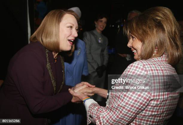 Kristine Nielsen and Nancy Pelosi chat backstage at the hit comedy "Present Laughter" on Broadway at The St. James Theatre on June 25, 2017 in New...