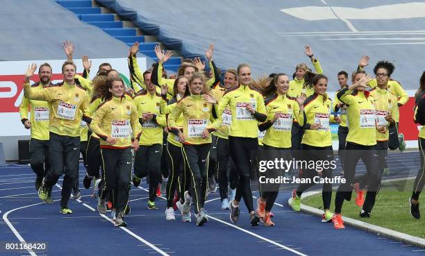 Team Germany celebrate winning the gold medal during the trophy ceremony on day 3 of the 2017 European Athletics Team Championships at Stadium Lille...