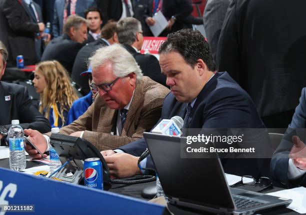 Glen Sather and Jeff Gorton of the New York Rangers attend the 2017 NHL Draft at the United Center on June 23, 2017 in Chicago, Illinois.