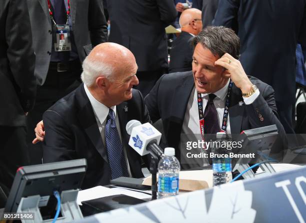 Lou Lamoriello and Brendan Shanahan of the Toronto Maple Leafs attend the 2017 NHL Draft at the United Center on June 23, 2017 in Chicago, Illinois.
