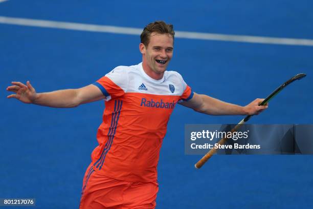 Mirco Pruijser of the Netherlands celebrates scoring their teams fifth goal during the final match between Argentina and the Netherlands on day nine...