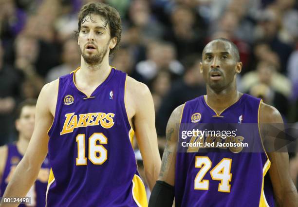 Pau Gasol and Kobe Bryant of the Los Angeles Lakers look on in the fourth quarter against the Sacramento Kings during an NBA game on March 4, 2008 at...