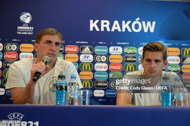 Germany head coach Stefan Kuntz and goalkeeper Julian Pollersbeck during a press conference ahead of their UEFA European Under-21 Championship 2017...