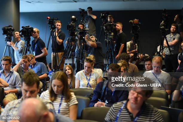 General view of the media during the Germany press conference ahead of their UEFA European Under-21 Championship 2017 semi-final match against...