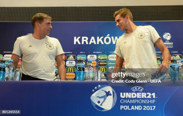 Germany head coach Stefan Kuntz and goalkeeper Julian Pollersbeck during a press conference ahead of their UEFA European Under-21 Championship 2017...